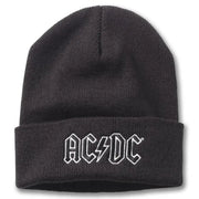 Dark gray knitted acrylic beanie with white embroidered ac/dc logo on cuff american needle fall winter cap for men