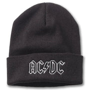 Dark gray knitted acrylic beanie with white embroidered ac/dc logo on cuff american needle fall winter cap for men
