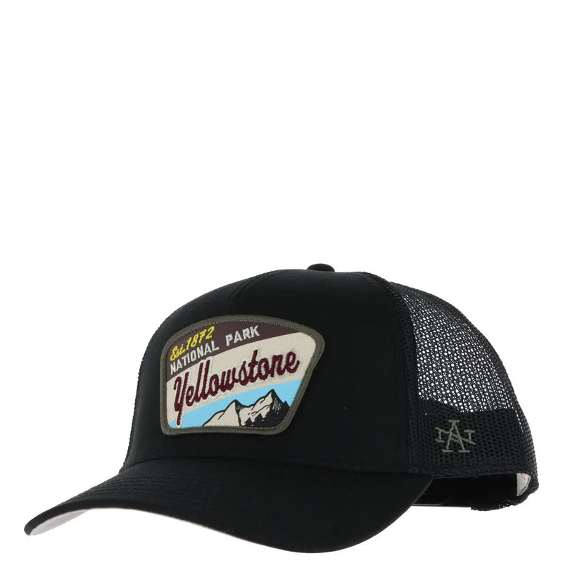 Black American Needle Herren-Truckerkappe mit Yellowstone-Nationalpark-Aufnäher und Mesh-Einsätzen am Rücken aus Baumwollmaterial