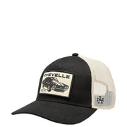 Schwarze und cremefarbene American Needle Herren-Truckerkappe aus Baumwollnetz mit Vintage-Chevrolet-Chevelle-Aufnäher auf der Vorderseite