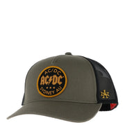 American Needle Herren-Truckerkappe aus olivgrünem Baumwollmesh mit schwarzem Mesh-Einsatz hinten und gesticktem ACDC-Aufnäher, Sydney, Australien