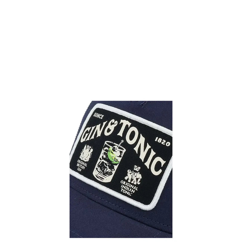 Marineblaue American Needle Herren-Baseballkappe aus Baumwolle mit blauem Print, schwarzem Aufnäher und weißer Gin-Tonic-Stickerei