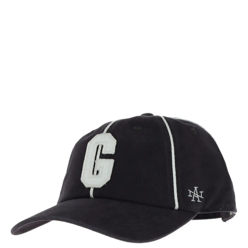 Schwarze Herrenkappe von American Needle aus Baumwolle mit großem, weißem, gesticktem G- und LA-Logoaufnäher in der Nähe des Schirms.