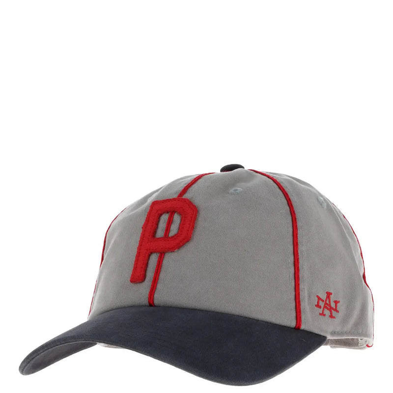 Graue American Needle Herren-Baseballkappe aus Baumwolle mit rotem, gesticktem P-Logo und kontrastierendem, marineblauem Schirm, Modell SMU714A