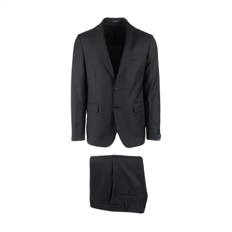 Men’s black two-piece suit featuring a two-button blazer from Angelo Nardelli Grey Fleece Wool collection