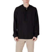 Men’s black linen lyocell long sleeve shirt with mandarin collar and partial placket