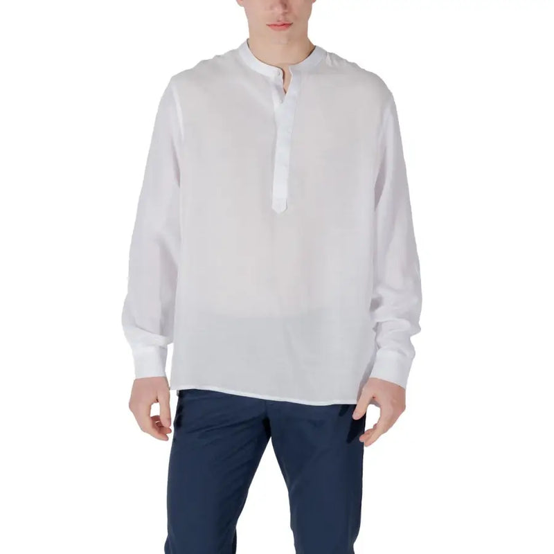 Men’s white long-sleeve band collar shirt from Antony Morato Black Linen Lyocell collection