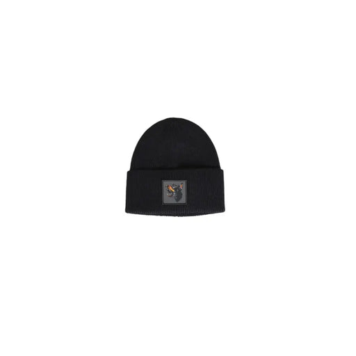 Black beanie with a square patch featuring an animal design, likely wool or acrylic.