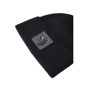 Antony Morato black wool blend ribbed knit beanie with a square patch featuring an illustrated character in black orange and gray