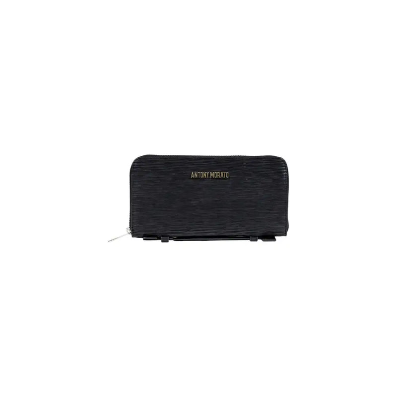 Black textured leather zip-around wallet with inside and outside pockets for men