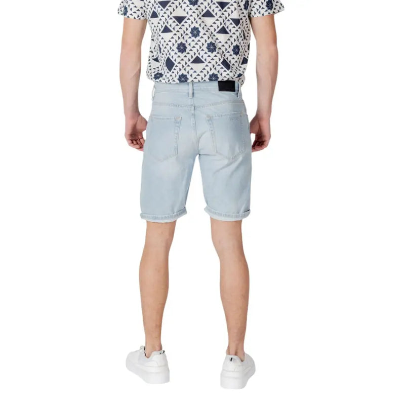 Light blue denim shorts with a classic five-pocket design and white stitching.