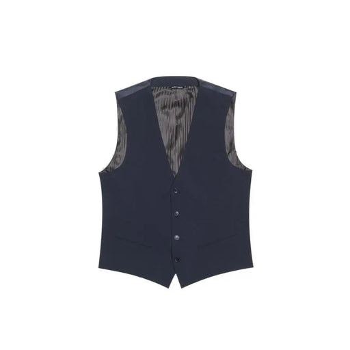 Navy blue wool blend vest with button closure and subtle patterned lining.