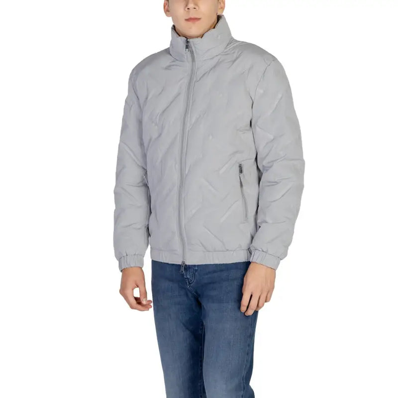 Light gray puffer jacket with quilted design and full zip