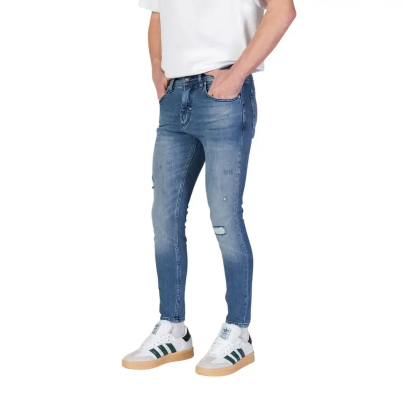 Antony Morato light blue slim-fit denim men’s jeans with distressed details and faded wash for spring summer