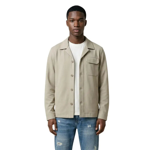 Antony Morato men beige cotton blend blazer with button-up front classic collar and chest pocket