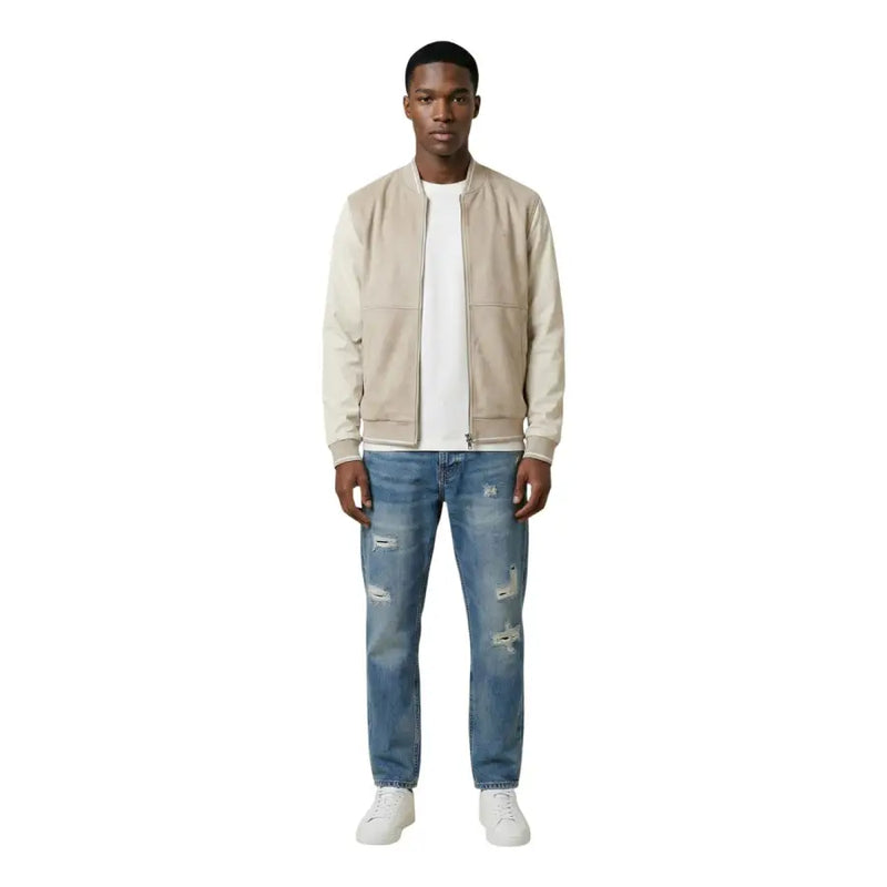 Antony Morato Beige Herren-Lederbomberjacke mit gerippten Bündchen und Saum, Polyester-Reißverschlussblazer mmfl01125