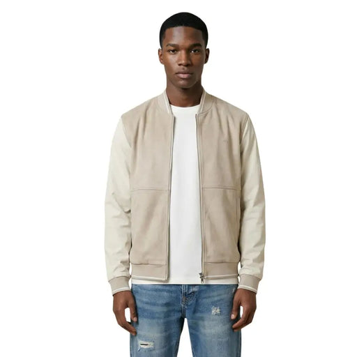 Antony Morato men beige suede bomber jacket with contrasting cream polyester sleeves and front pockets mmfl01125