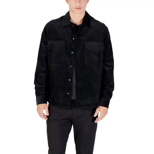Antony Morato men black cotton blazer with round neck featuring a black corduroy button-up jacket with pockets