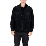 Antony Morato men black cotton blazer with round neck featuring a black corduroy button-up jacket with pockets