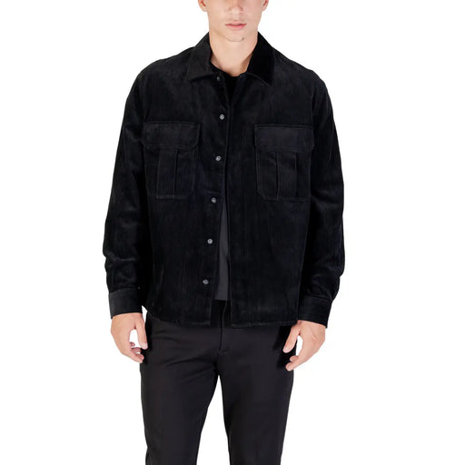 Antony Morato men black cotton blazer with round neck featuring a black corduroy button-up jacket with pockets
