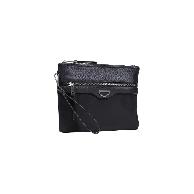 Antony Morato Schwarze Herren-Clutch aus Polyamid mit strukturiertem Leder top silberne Reißverschlussakzente und Handgelenkschlaufe