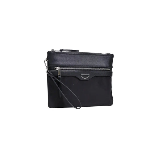 Antony Morato Schwarze Herren-Clutch aus Polyamid mit strukturiertem Leder top silberne Reißverschlussakzente und Handgelenkschlaufe