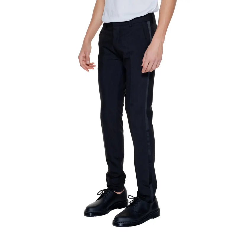 Antony Morato men black tailored polyester blend trousers with slim fit and subtle vertical stripe detailing