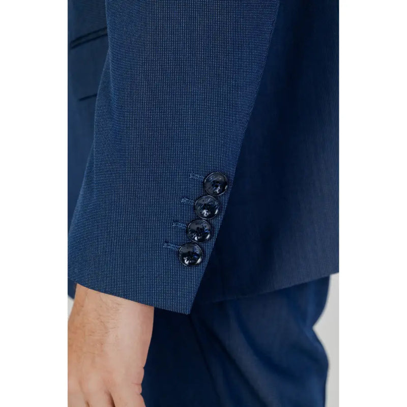 Antony Morato Klassischer blauer Herrenblazer, schmal geschnitten, Viskose-Anzugjacke mit marineblauer Struktur und vier schwarzen, glänzenden Knöpfen