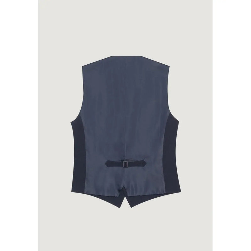 Antony Morato Ärmellose Herrenweste mit Knöpfen in Blau, von hinten gesehen, aus marineblauem, tailliertem Stoff mit schwarzen Seiteneinsätzen.
