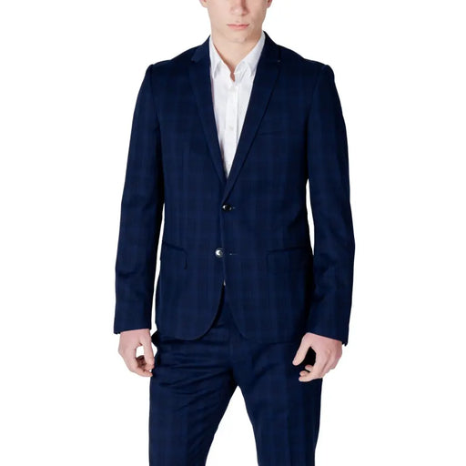 Antony Morato men blue checked polyester blazer jacket with navy blue plaid and subtle vertical stripes with trousers