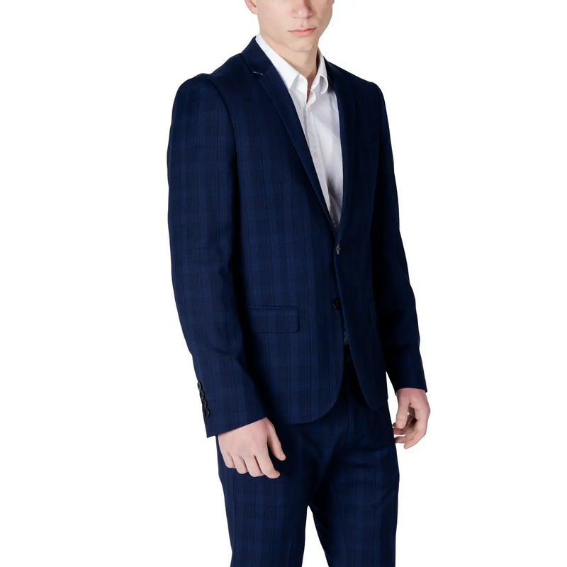 Antony Morato men blue checked polyester blazer jacket with subtle texture and matching navy blue plaid trousers