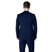 Antony morato men blue checked polyester blazer jacket featuring navy blue plaid with subtle vertical and horizontal stripes