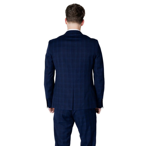 Antony morato men blue checked polyester blazer jacket featuring navy blue plaid with subtle vertical and horizontal stripes