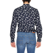 Antony Morato Herren-Mandarinhemd aus blauer Baumwolle mit marineblauen langen Ärmeln und Knopfleiste sowie weißem Blattmuster