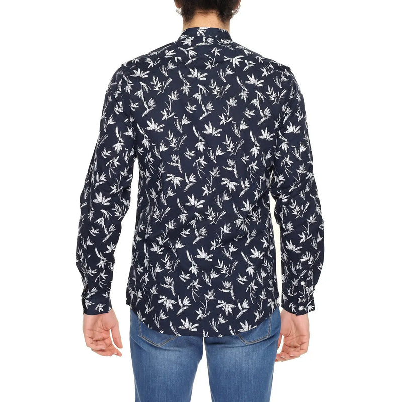 Antony Morato Herrenhemd aus blauer Baumwolle mit langen Ärmeln, weißem Pflanzenmuster und Stehkragen