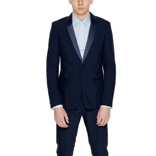 Navy blue tuxedo jacket with satin lapels and matching trousers from Antony Morato men blue lapel collar long blazer jacket