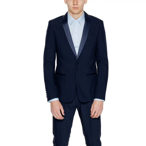 Navy blue tuxedo jacket with satin lapels and matching trousers from Antony Morato men blue lapel collar long blazer jacket
