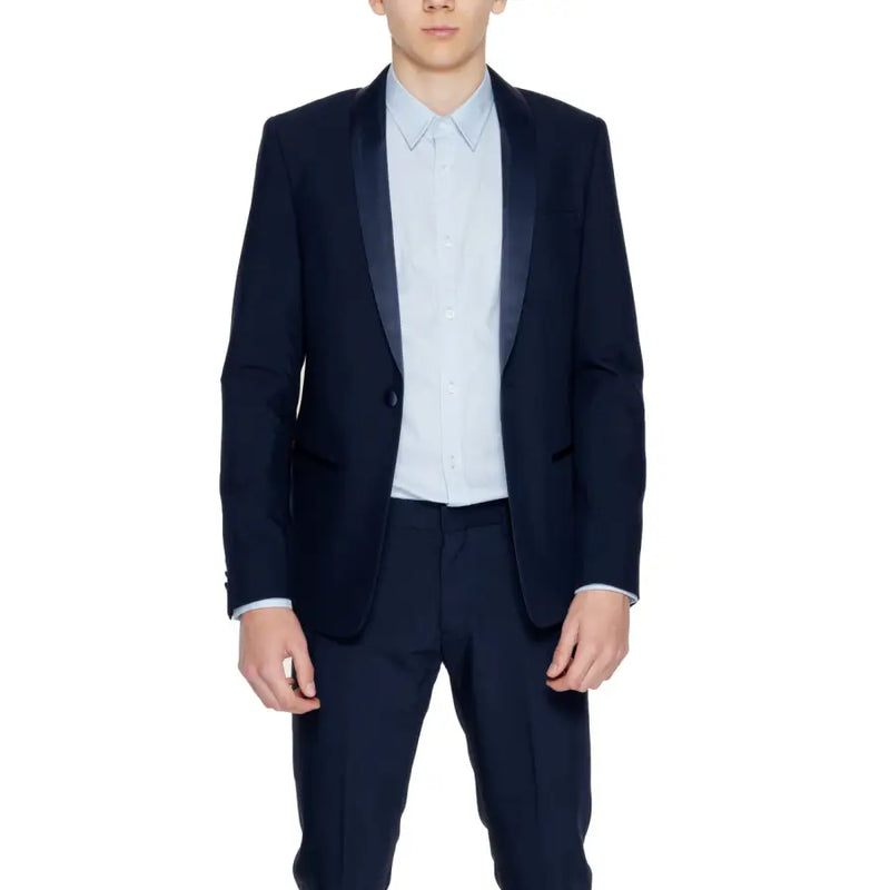 Antony Morato Herren-Smokingjacke in Blau mit marineblauen Satinrevers im langen Blazer-Design
