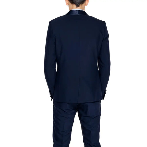 Antony Morato men blue lapel collar long blazer jacket in sleek navy blue with satin collar and matching trousers