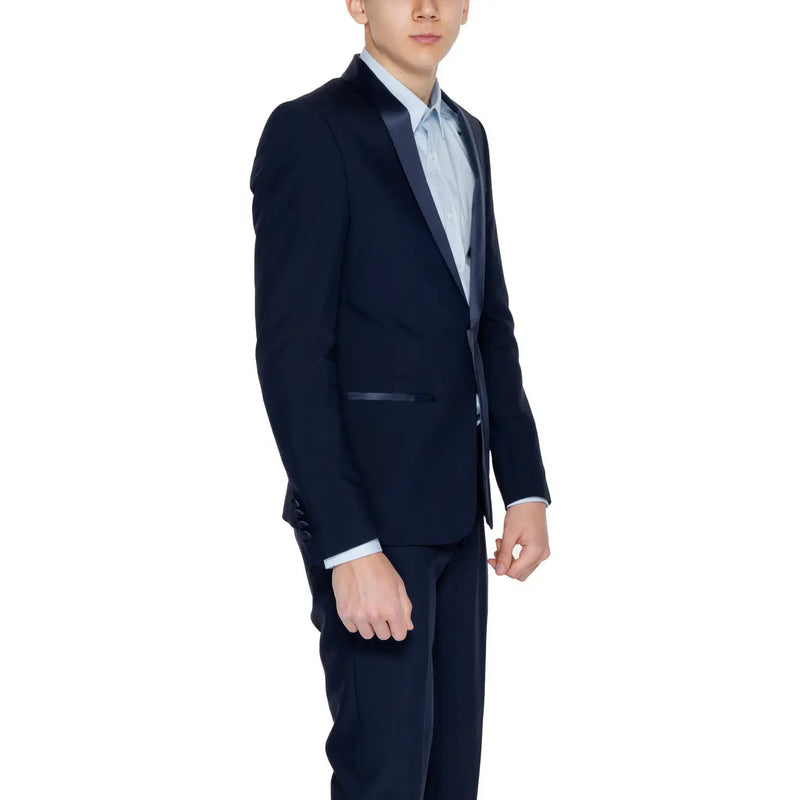 Antony Morato men navy blue tuxedo jacket with satin lapels and matching trousers in long blazer style