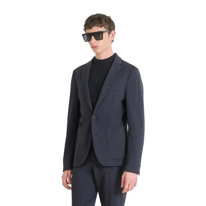 Antony Morato Herrenblazer aus Polyamid, blau, schmal geschnitten, mit marineblauem, tailliertem Ein-Knopf-Verschluss und Pattentaschen