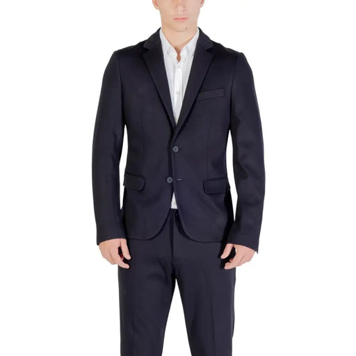 Navy blue Antony Morato men viscose blend blazer with tailored fit, notched lapels, and two front buttons