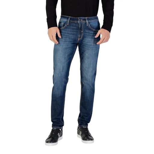 Antony Morato men blue worn out effect denim jeans in dark blue slim fit with subtle fading and classic stitching