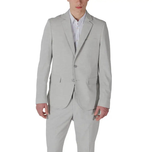 Antony morato men grey linen blend blazer with light gray tailored texture and two-button closure