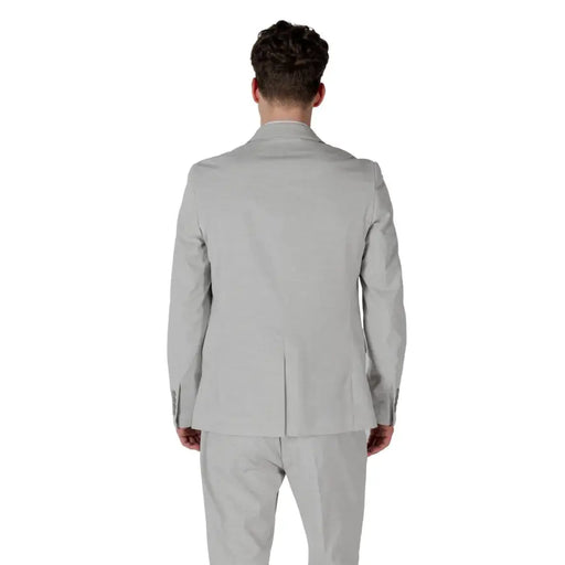 Antony Morato men grey linen blend blazer with tailored fit lapel collar and subtle texture in light gray color