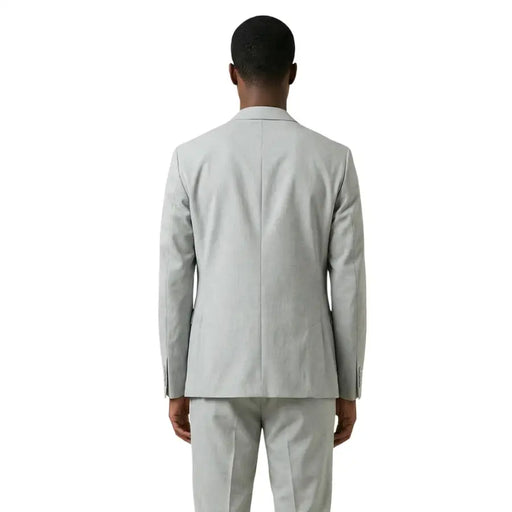Antony morato men grey polyester v neck lapel blazer with light gray tailored texture and clean structured lines