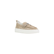 Beige suede antony morato men leather moccasin loafers with white platform sole and metallic logo on the vamp