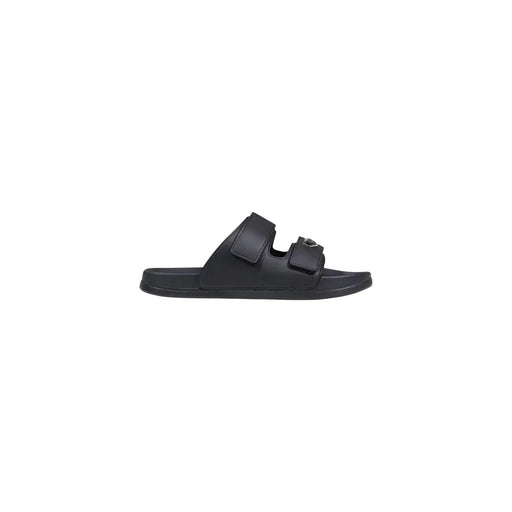 Black leather slide sandal with two adjustable straps and minimalist design by Antony Morato for men