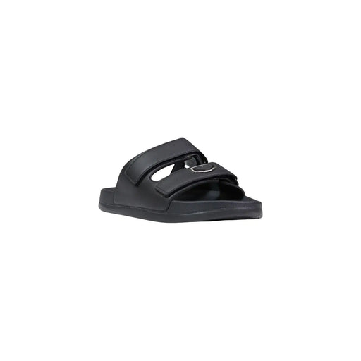 Antony Morato men sandals black vegan leather slide with two velcro straps and silver metal buckle