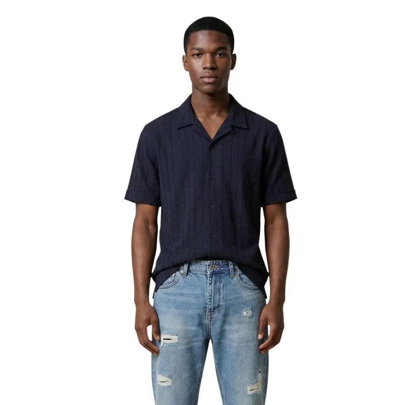 Antony Morato men shirt dark navy short-sleeved button-up with vertical ribbed texture suitable for casual wear